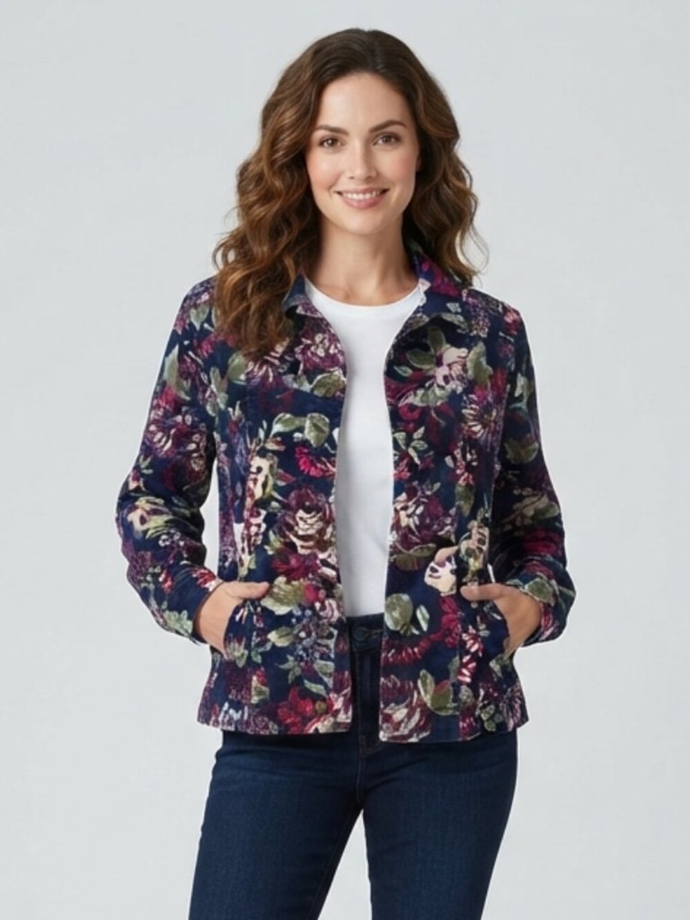 Appleseed's Navy Floral Corduroy Blazer Jacket Women Cropped Cottagecore Size 16